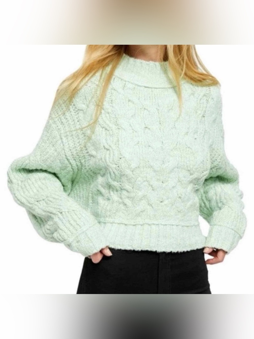 Free People Merry Go Round Mint Green Cable Knit Sweater